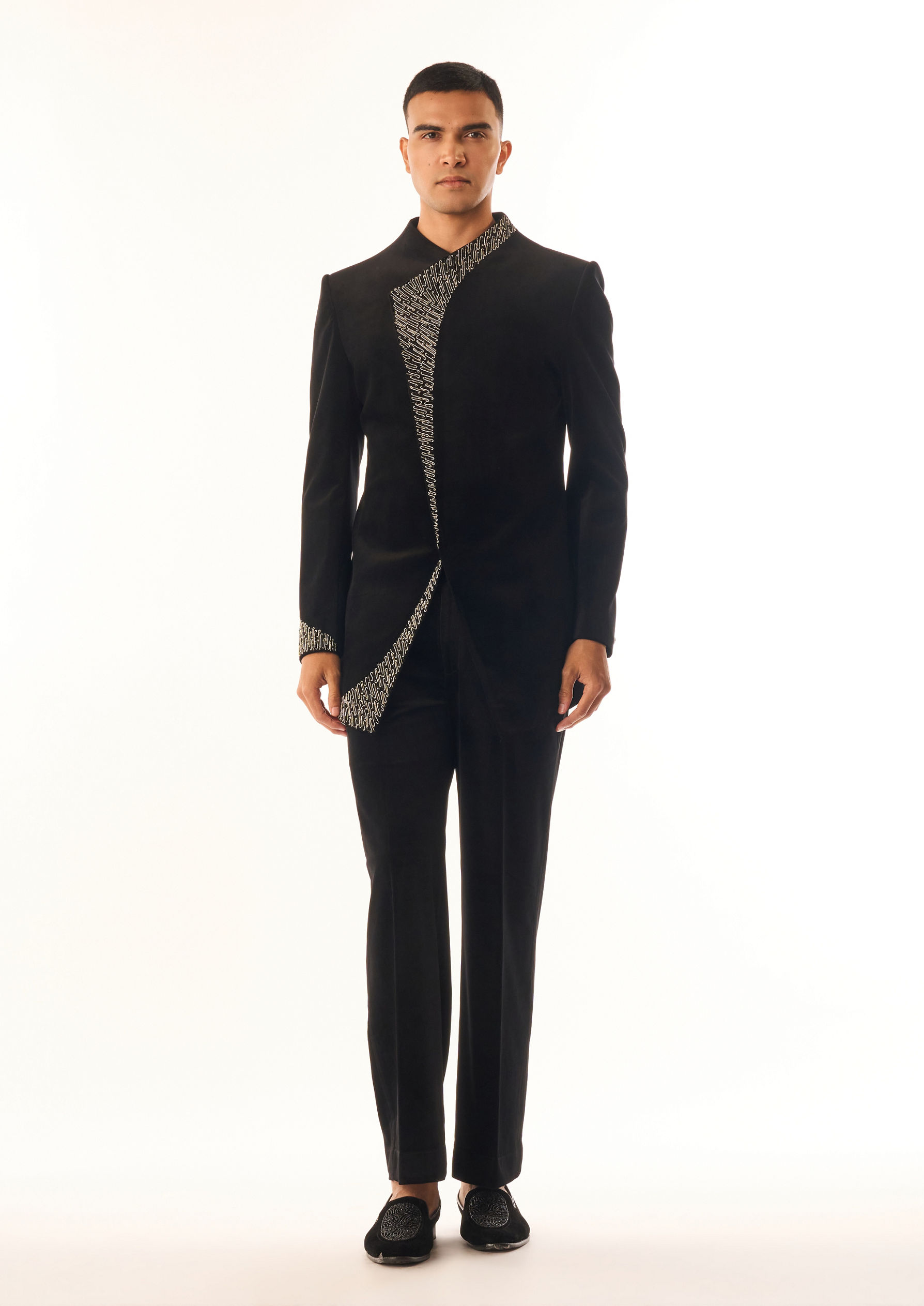 Twamev Men Black Velvet Indo Western Suit with Embroidery