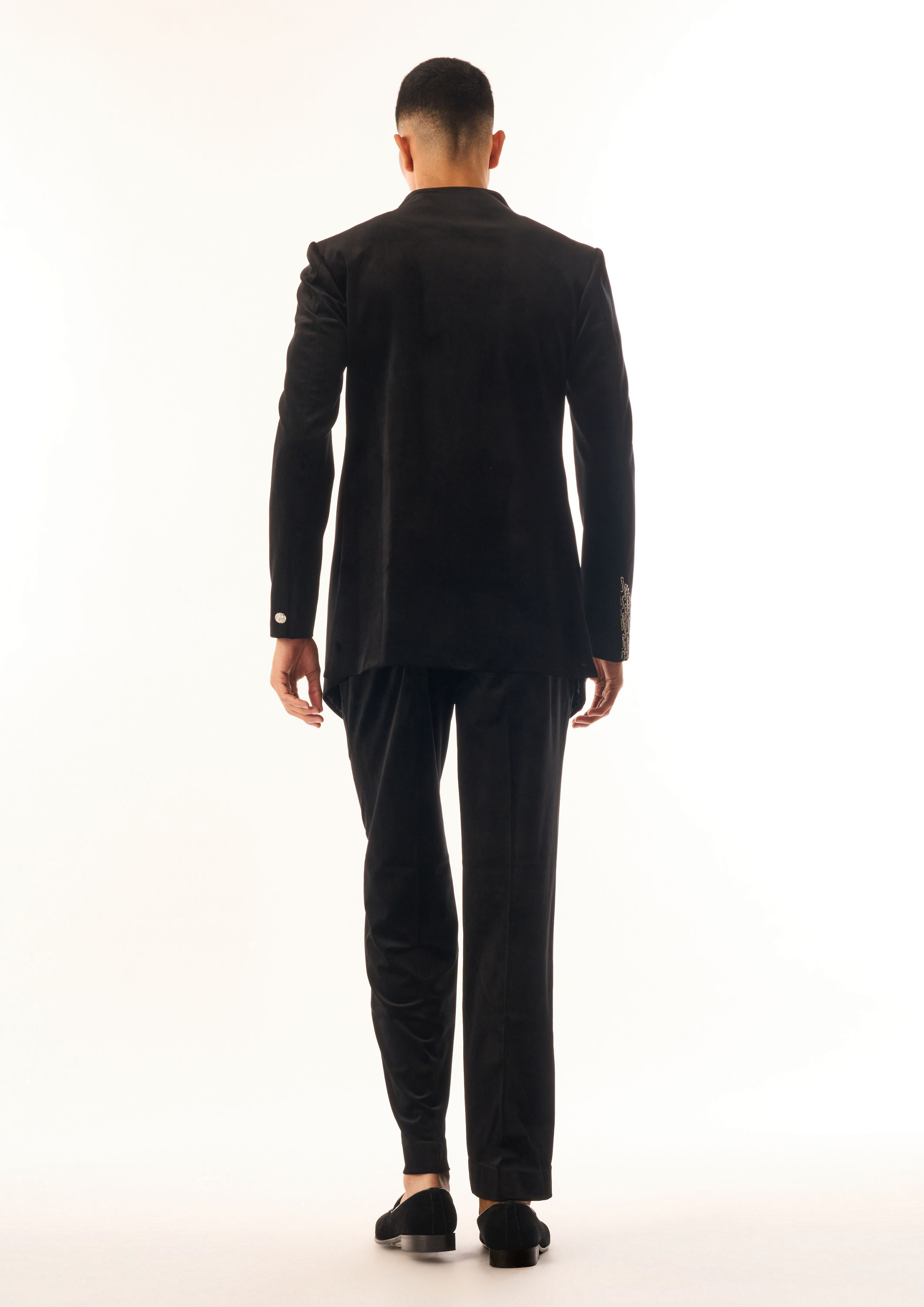 Twamev Men Black Velvet Indo Western Suit with Embroidery