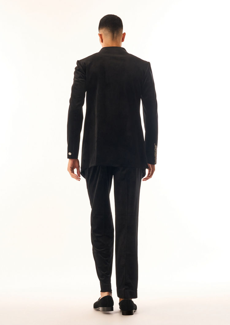Twamev Men Black Velvet Indo Western Suit with Embroidery