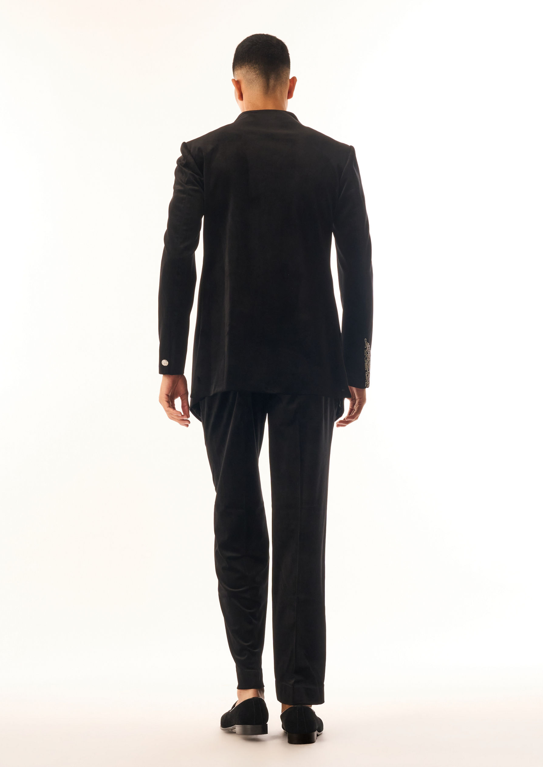 Twamev Men Black Velvet Indo Western Suit with Embroidery