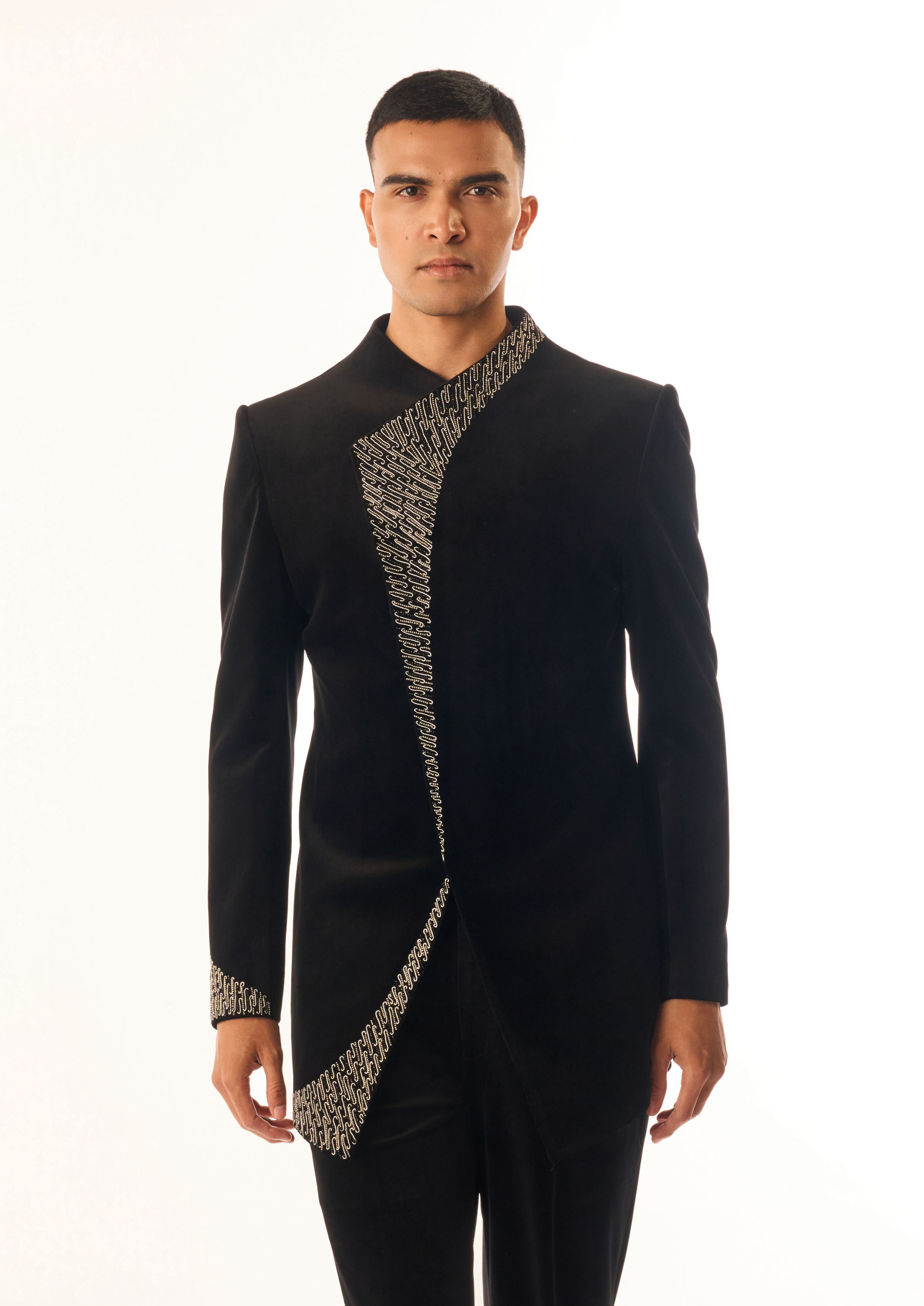 Twamev Men Black Velvet Indo Western Suit with Embroidery