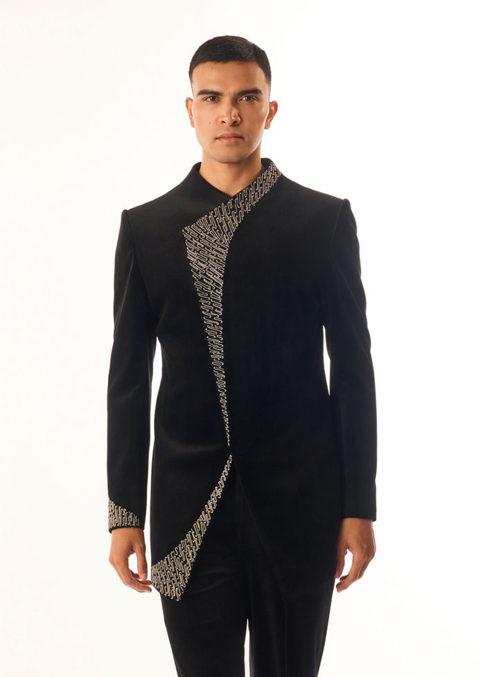 Twamev Men Black Velvet Indo Western Suit with Embroidery