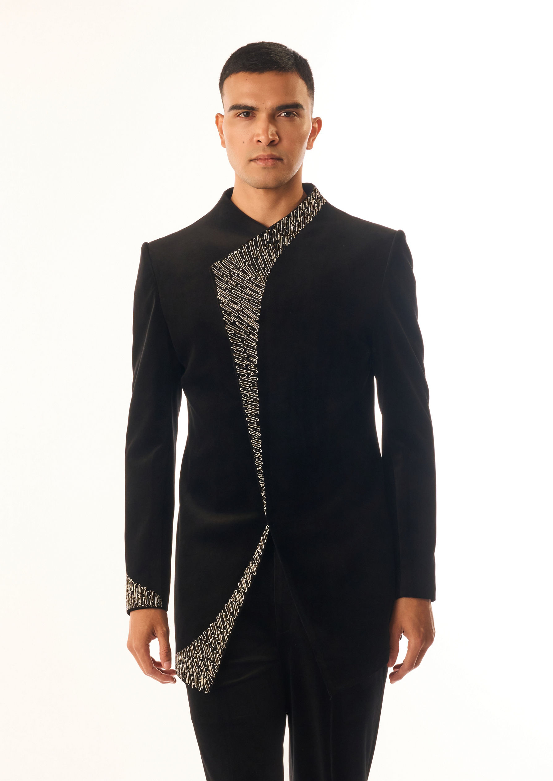 Twamev Men Black Velvet Indo Western Suit with Embroidery