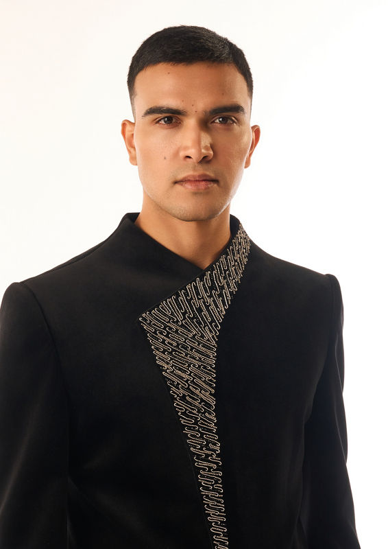 Twamev Men Black Velvet Indo Western Suit with Embroidery