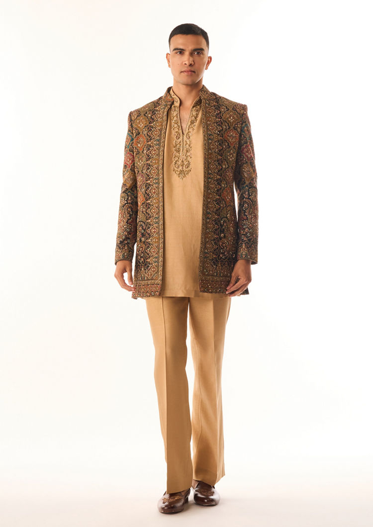 Twamev Men Brown Indo Western with Embroidery
