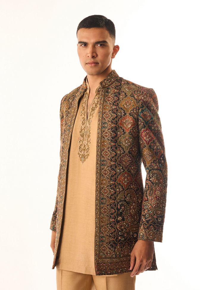 Twamev Men Brown Indo Western with Embroidery