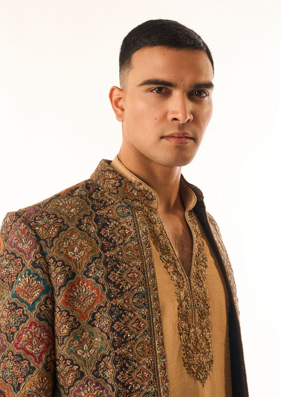 Twamev Men Brown Indo Western with Embroidery
