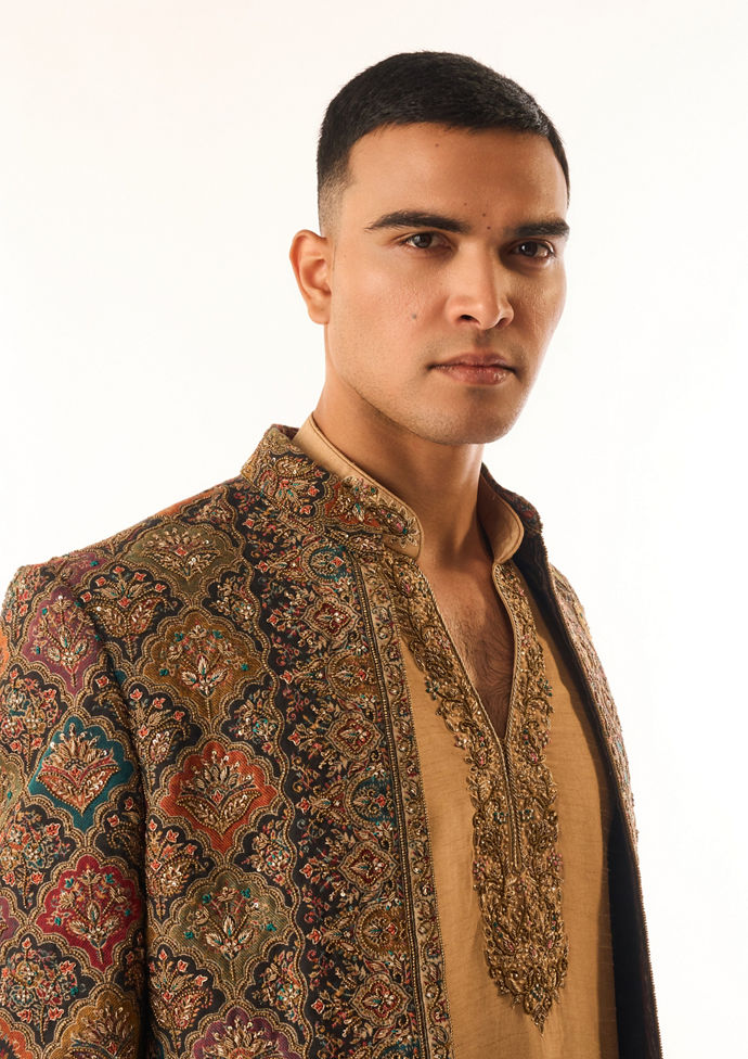 Twamev Men Brown Indo Western with Embroidery