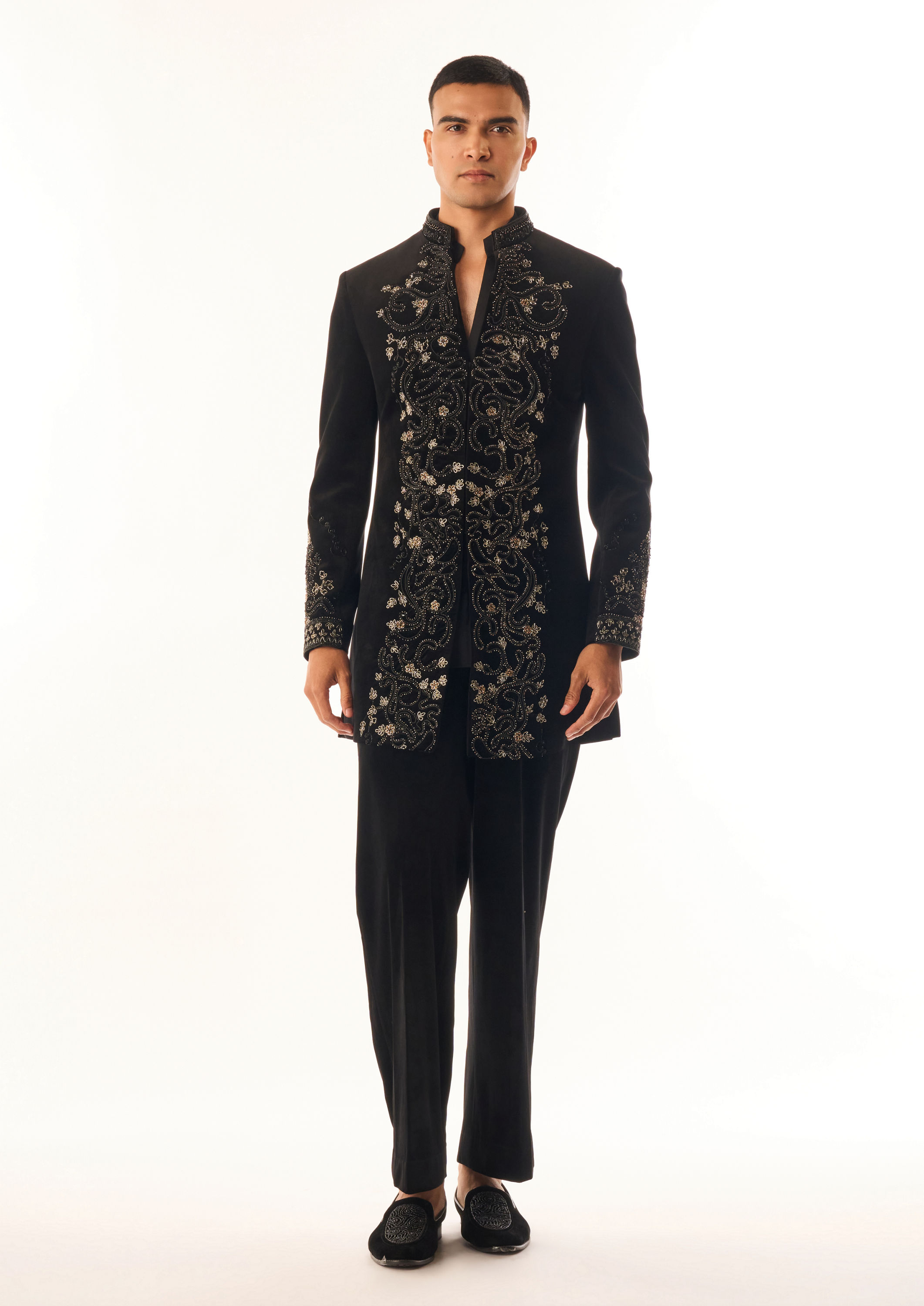 Twamev Men Black Velvet Indo Western Suit with Embroidery