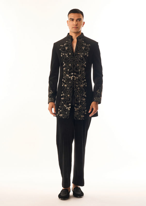 Twamev Men Black Velvet Indo Western Suit with Embroidery