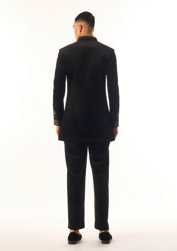 Twamev Men Black Velvet Indo Western Suit with Embroidery