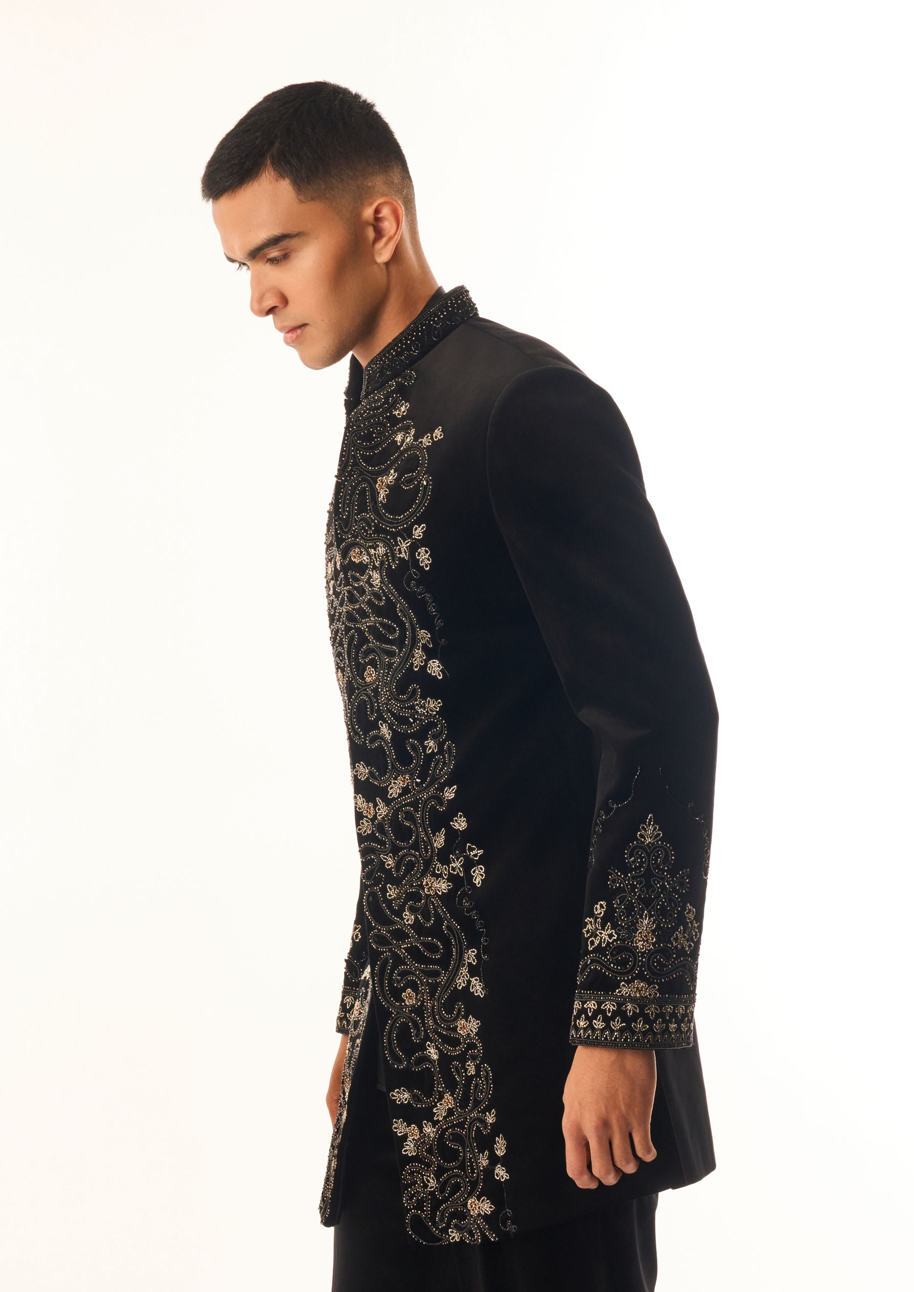 Twamev Men Black Velvet Indo Western Suit with Embroidery