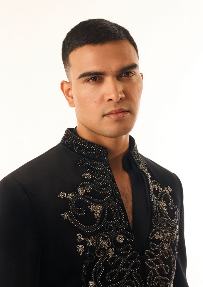 Twamev Men Black Velvet Indo Western Suit with Embroidery
