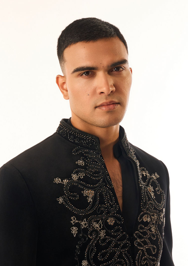 Twamev Men Black Velvet Indo Western Suit with Embroidery