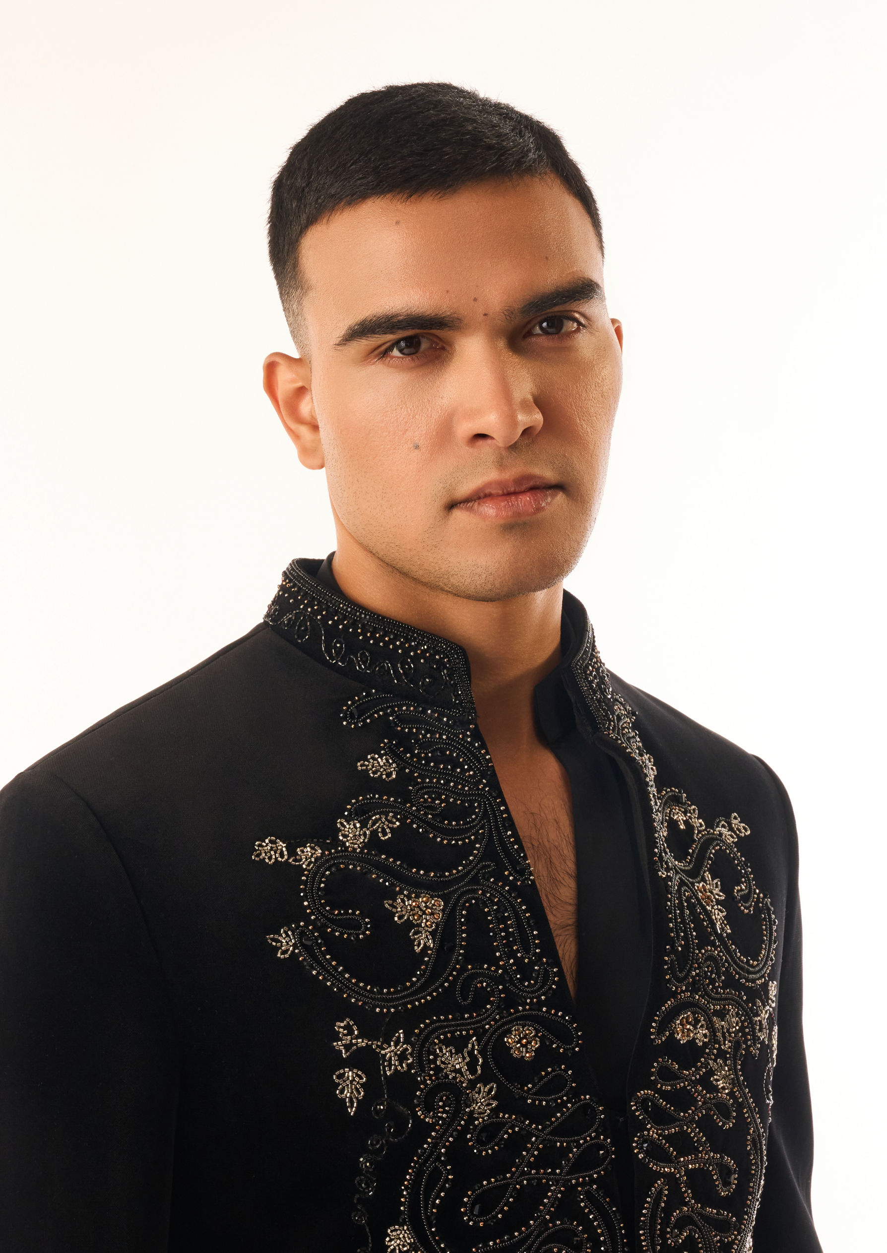 Twamev Men Black Velvet Indo Western Suit with Embroidery