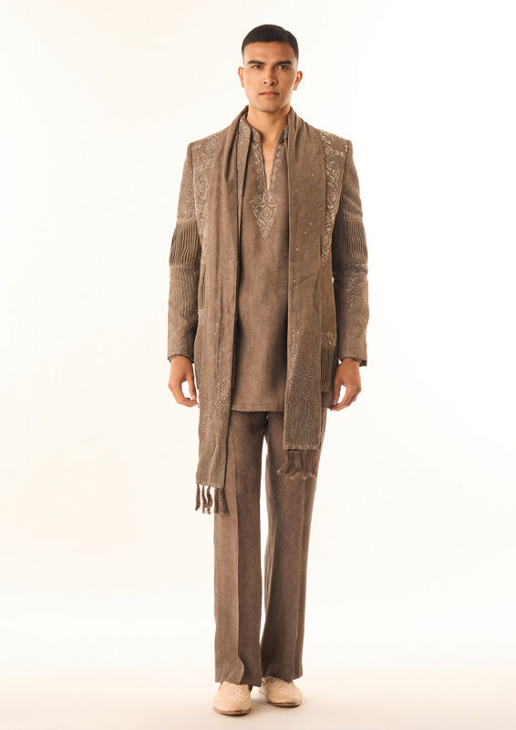 Twamev Men Brown Rayon Indo Western with Embroidery