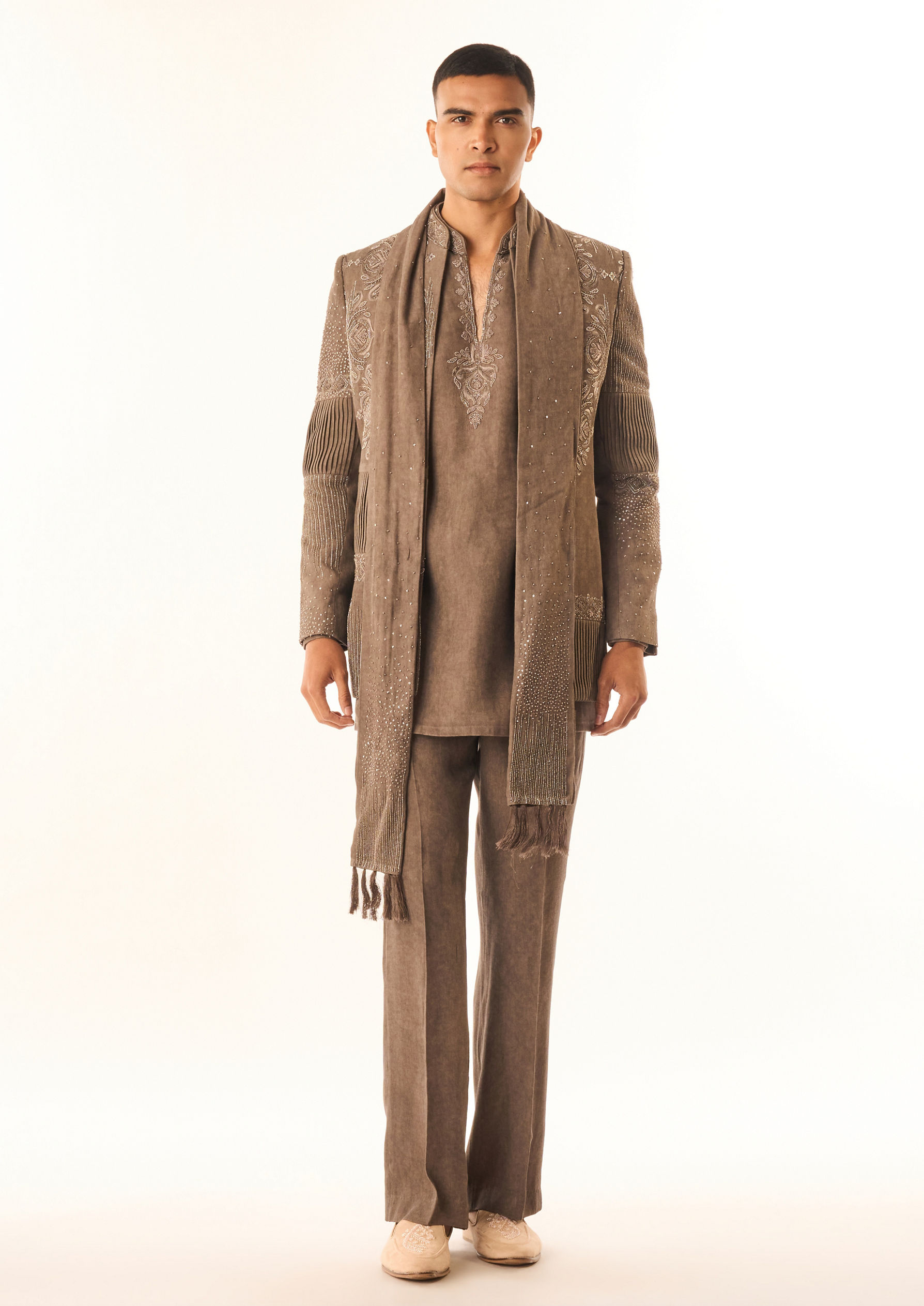 Twamev Men Brown Rayon Indo Western with Embroidery