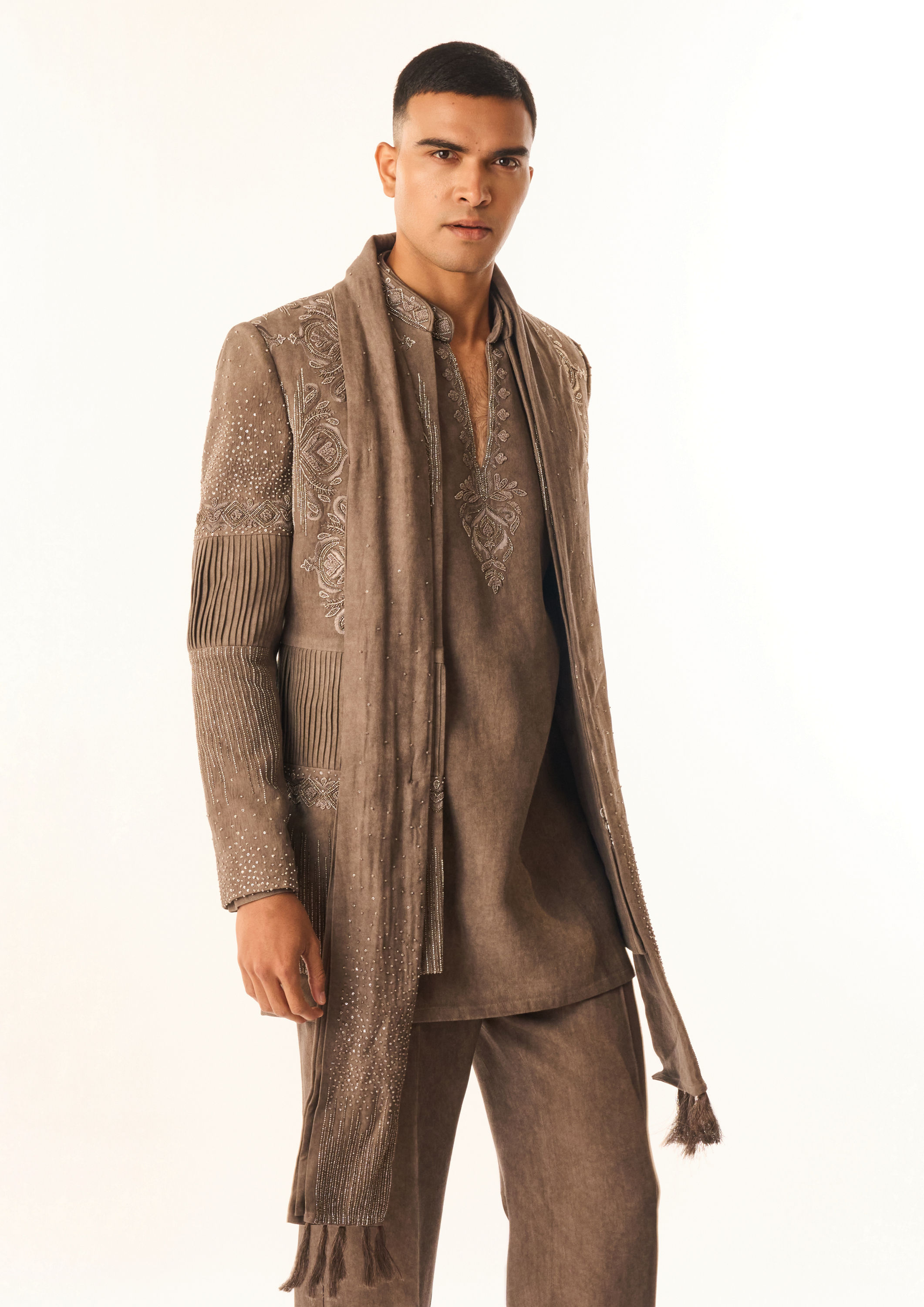 Twamev Men Brown Rayon Indo Western with Embroidery