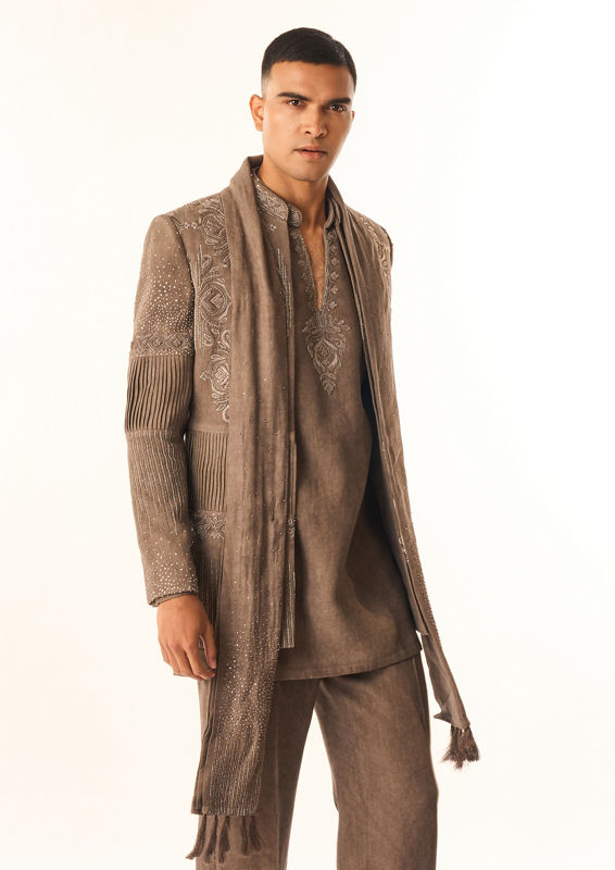 Twamev Men Brown Rayon Indo Western with Embroidery