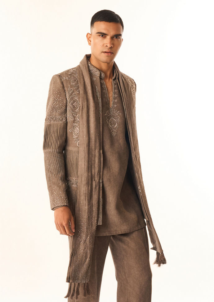 Twamev Men Brown Rayon Indo Western with Embroidery