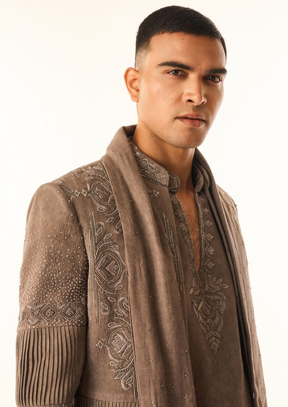 Twamev Men Brown Rayon Indo Western with Embroidery
