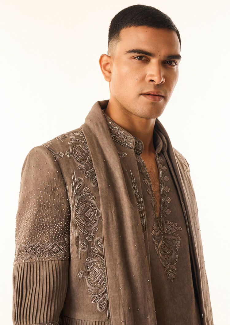 Twamev Men Brown Rayon Indo Western with Embroidery