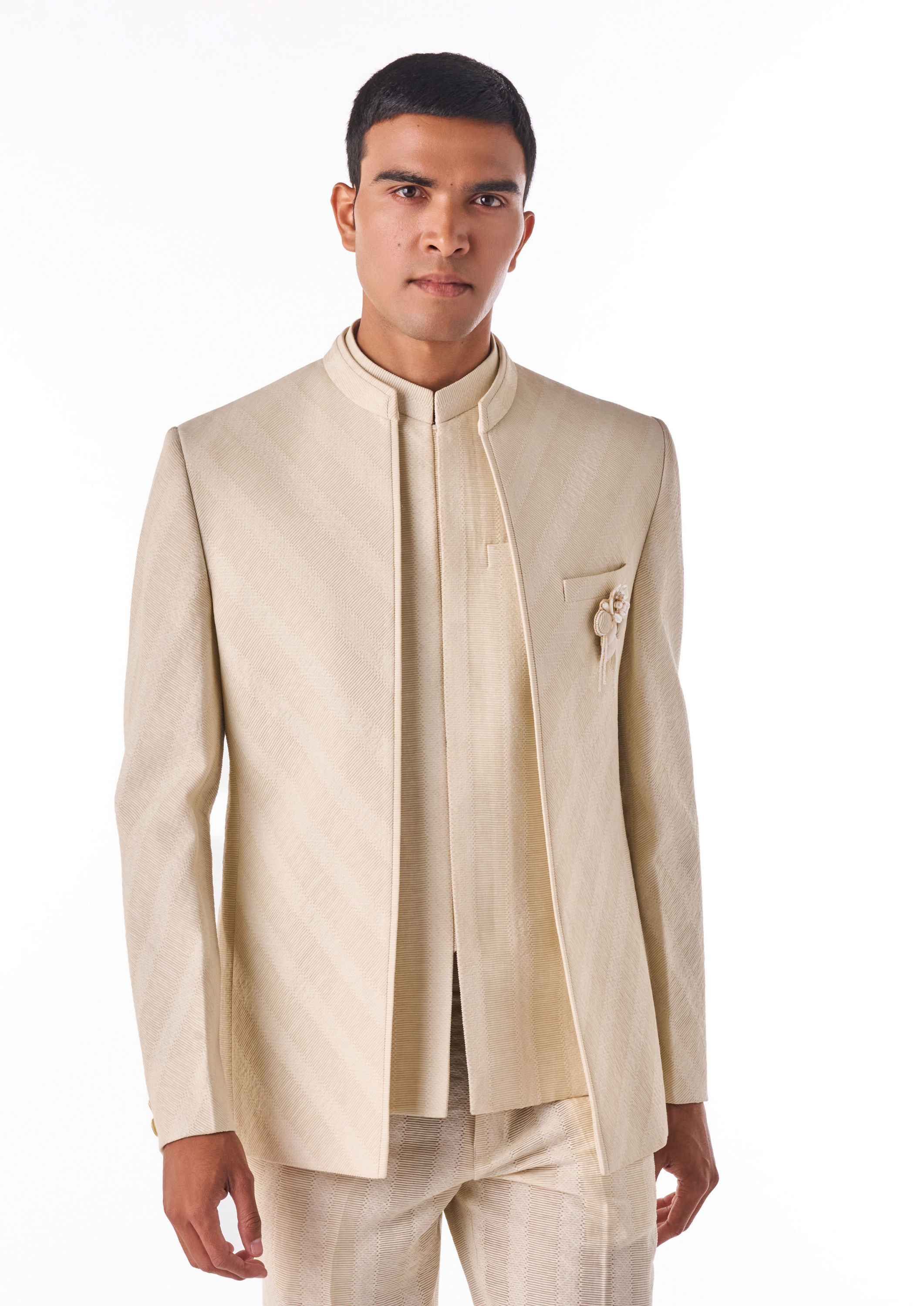Twamev Men Cream Linen Indo Western with Embellishment