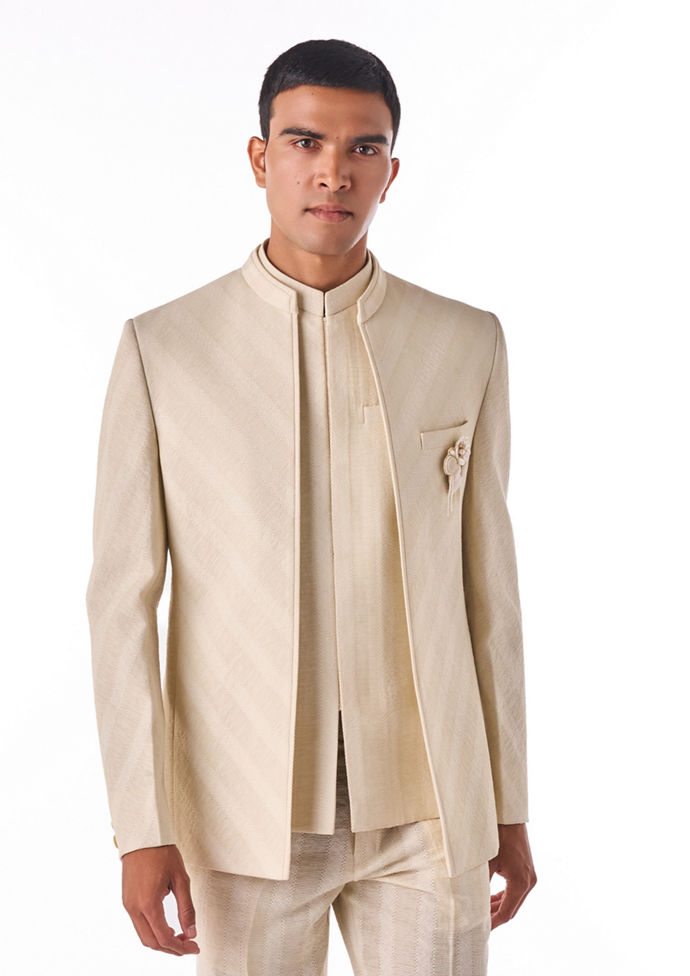 Twamev Men Cream Linen Indo Western with Embellishment