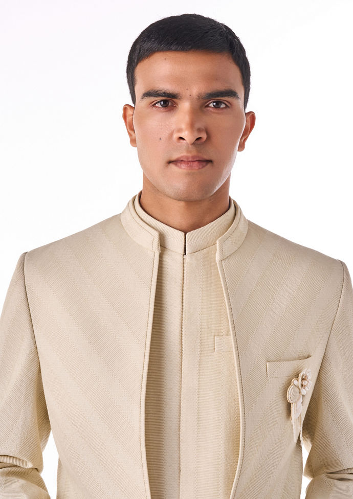 Twamev Men Cream Linen Indo Western with Embellishment
