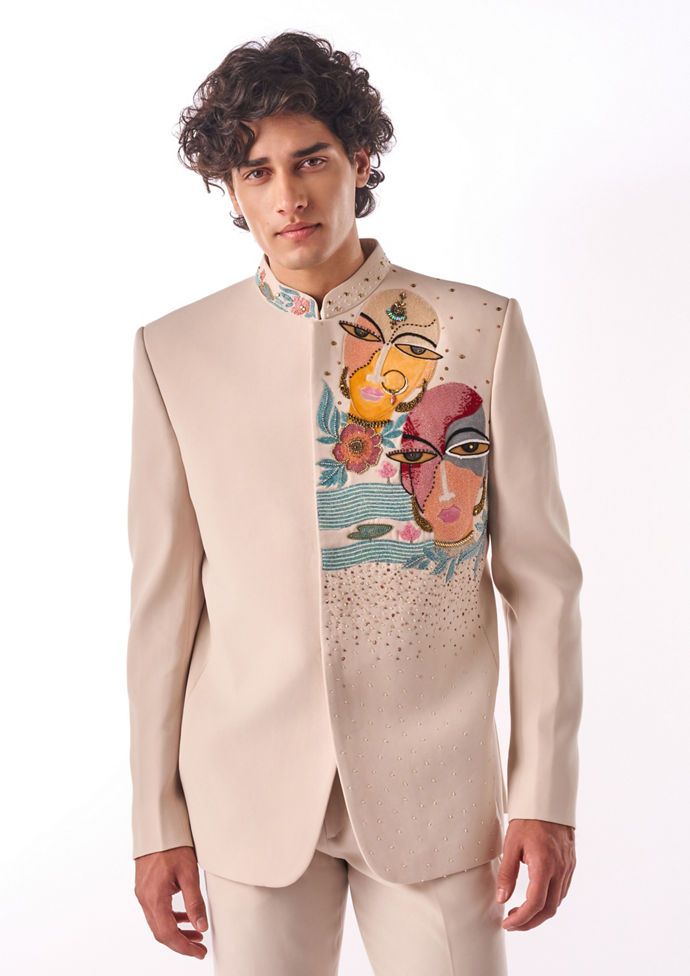 Twamev Men Ivory Embroidered Indo Western