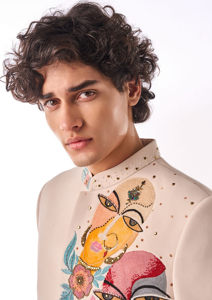 Twamev Men Ivory Embroidered Indo Western