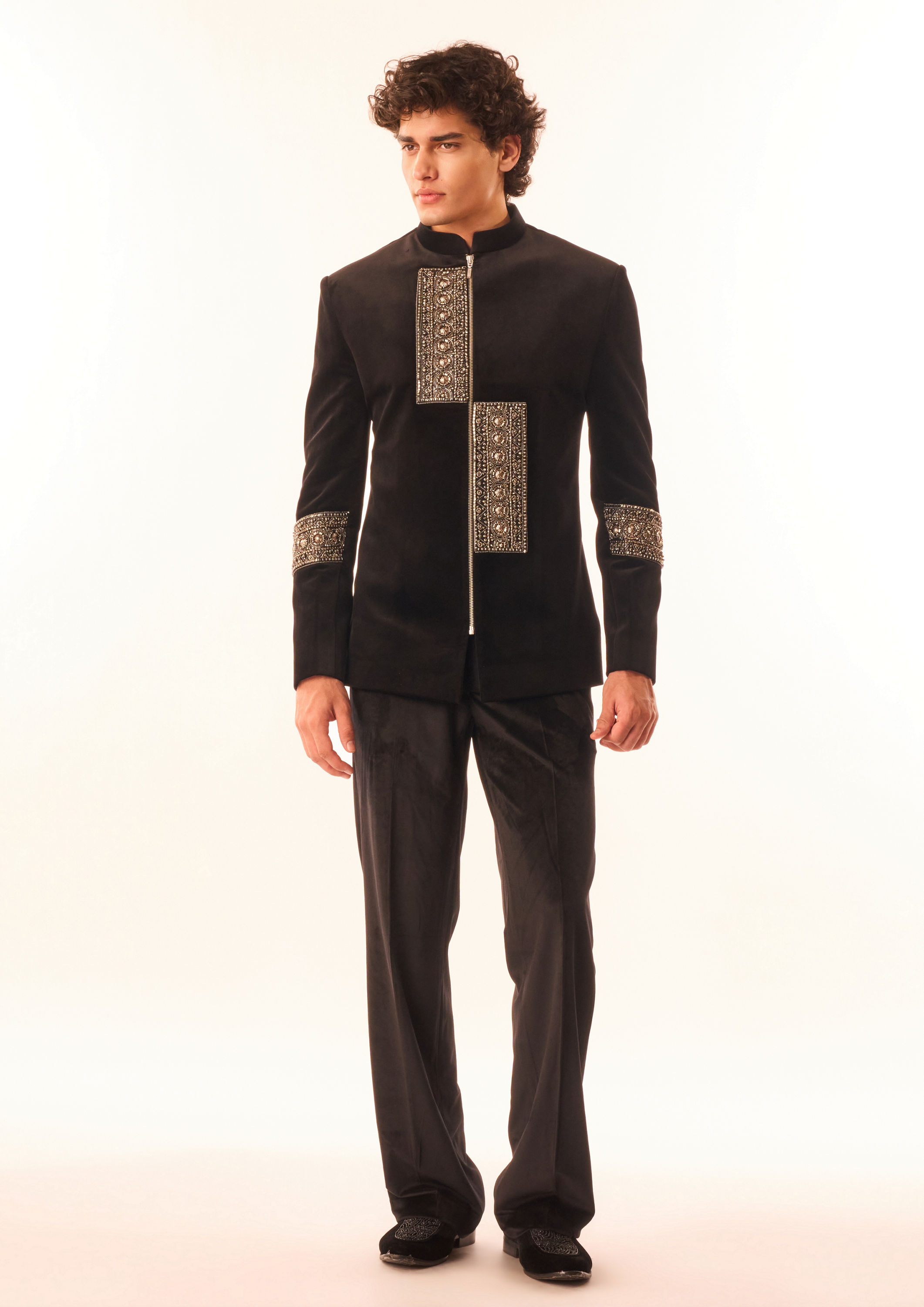 Twamev Men Black Velvet Indo Western Suit with Embellishments