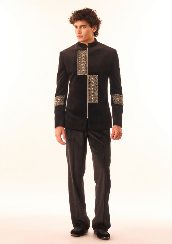 Twamev Men Black Velvet Indo Western Suit with Embellishments