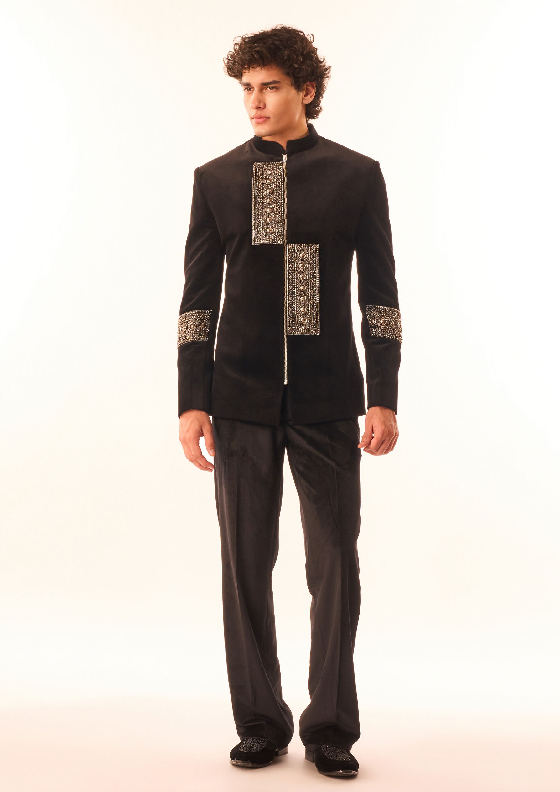 Twamev Men Black Velvet Indo Western Suit with Embellishments