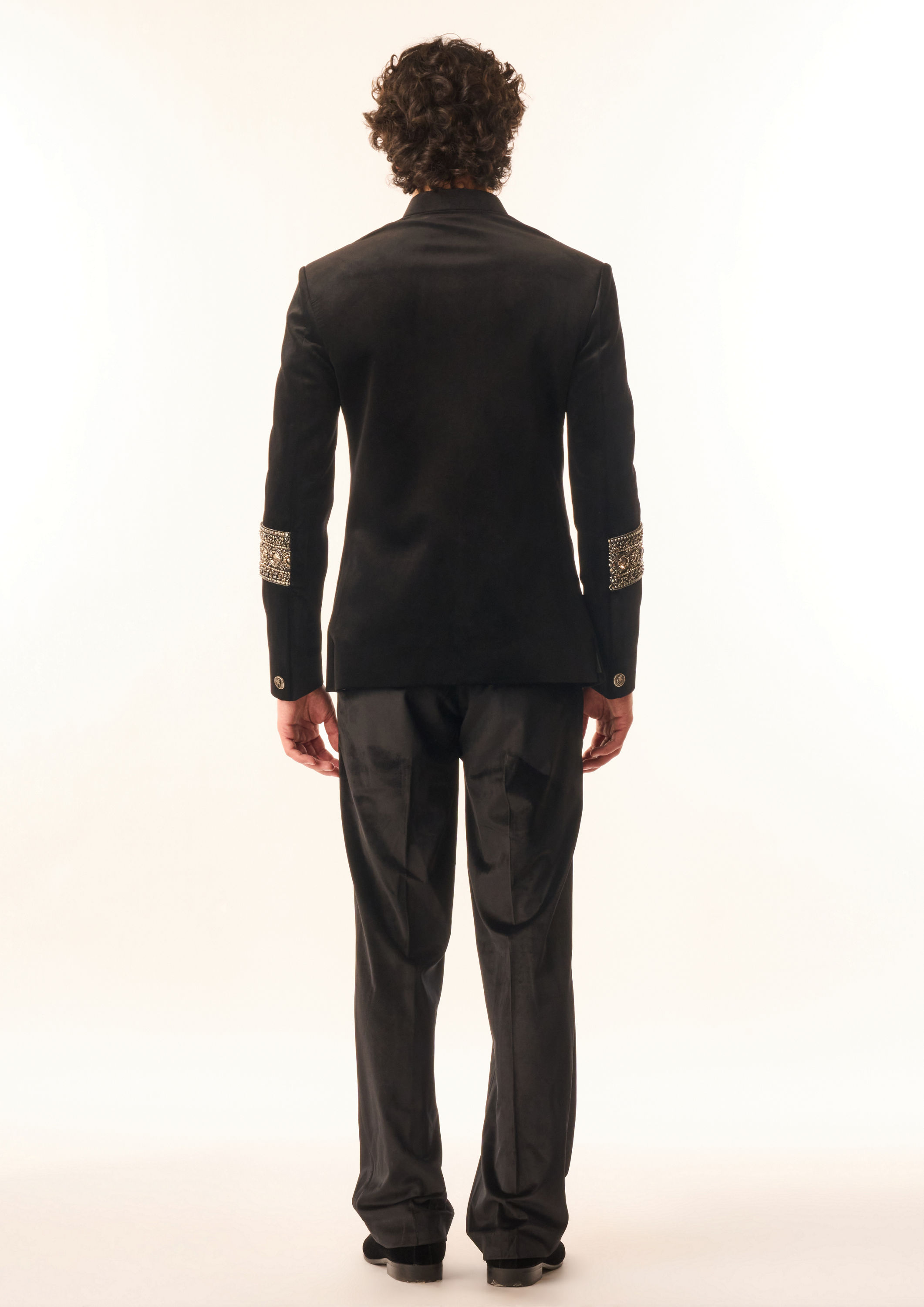 Twamev Men Black Velvet Indo Western Suit with Embellishments