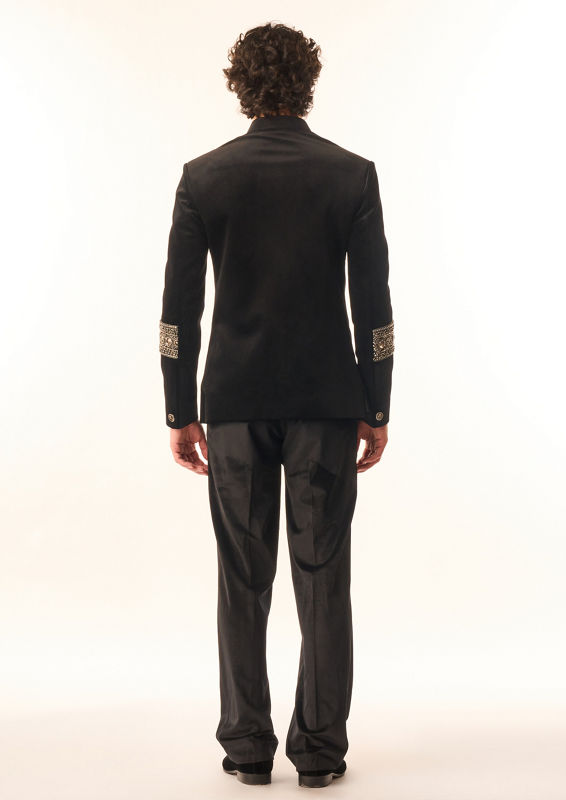 Twamev Men Black Velvet Indo Western Suit with Embellishments