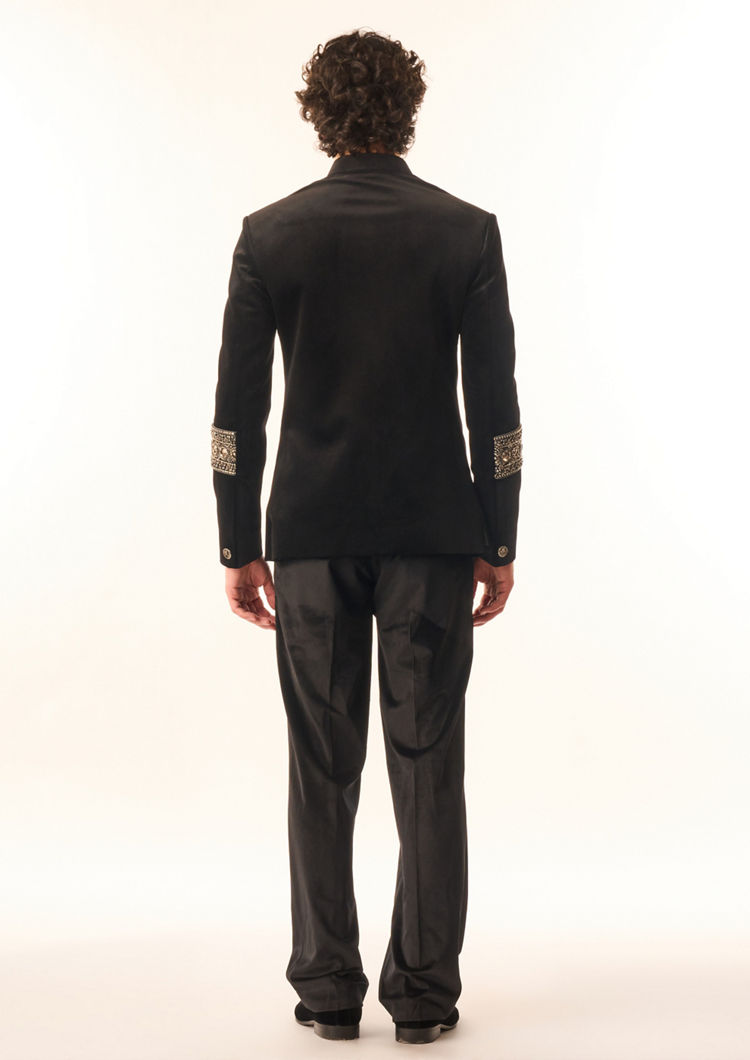 Twamev Men Black Velvet Indo Western Suit with Embellishments