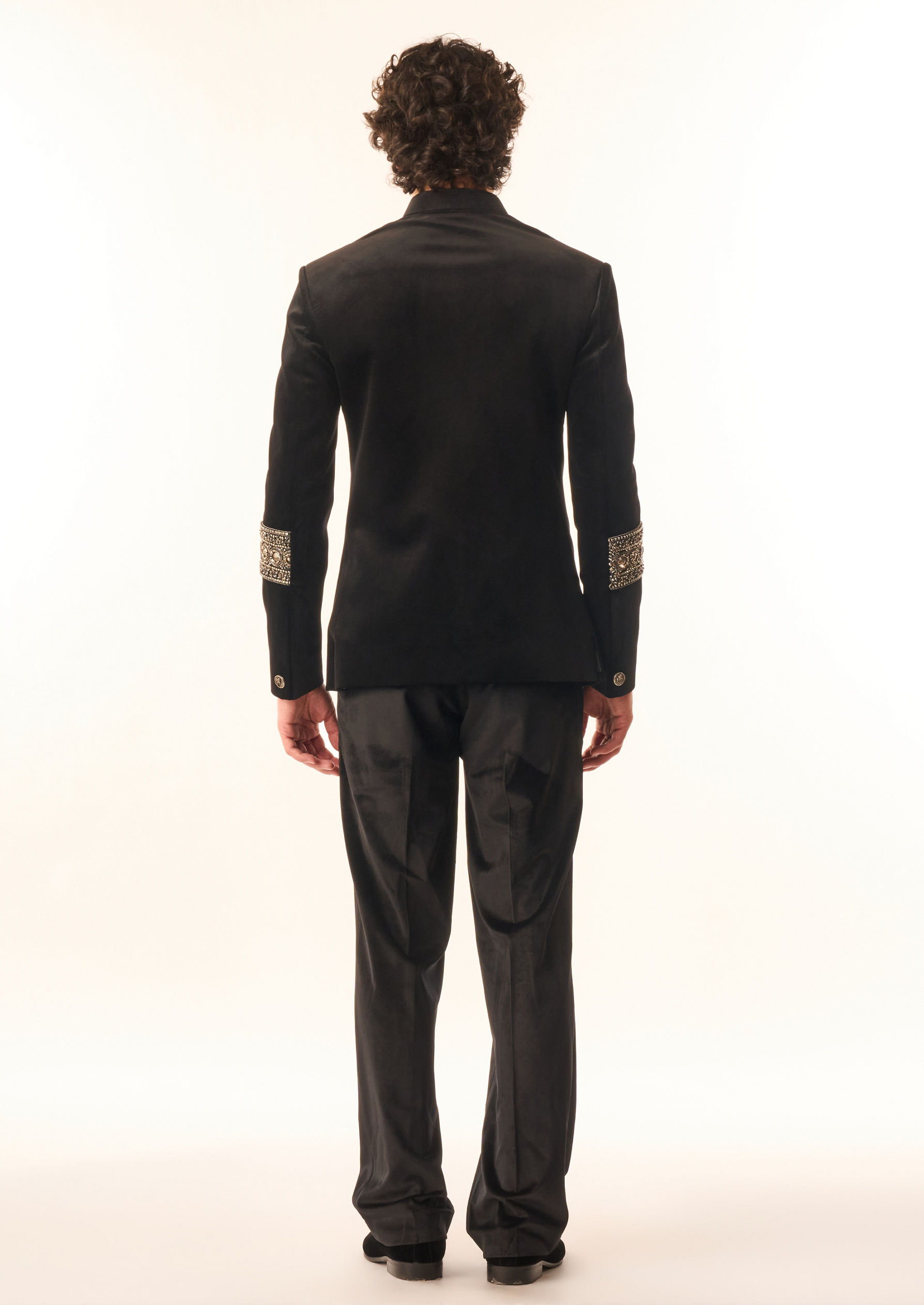 Twamev Men Black Velvet Indo Western Suit with Embellishments