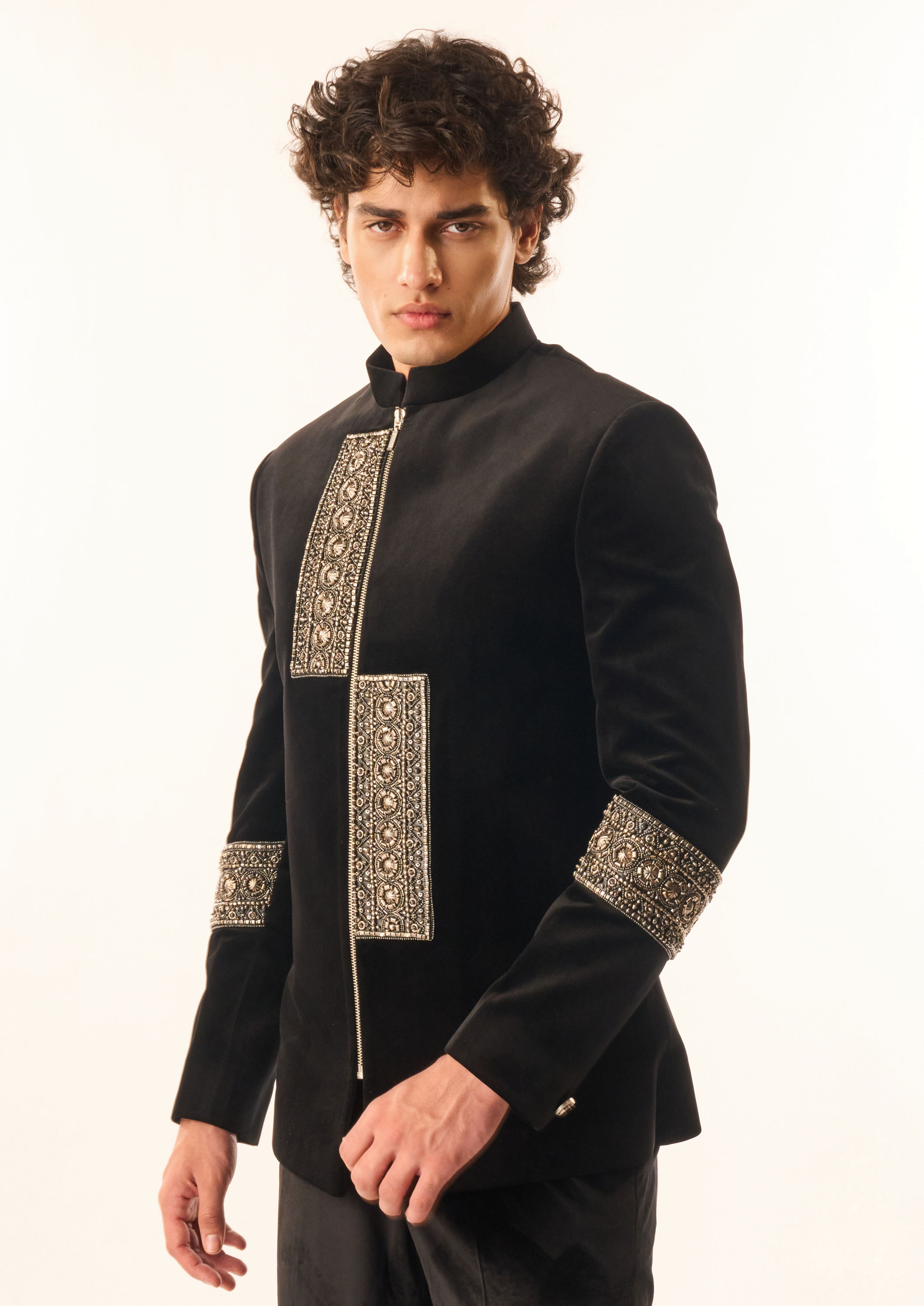 Twamev Men Black Velvet Indo Western Suit with Embellishments