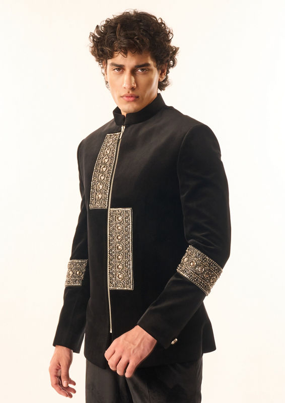 Twamev Men Black Velvet Indo Western Suit with Embellishments