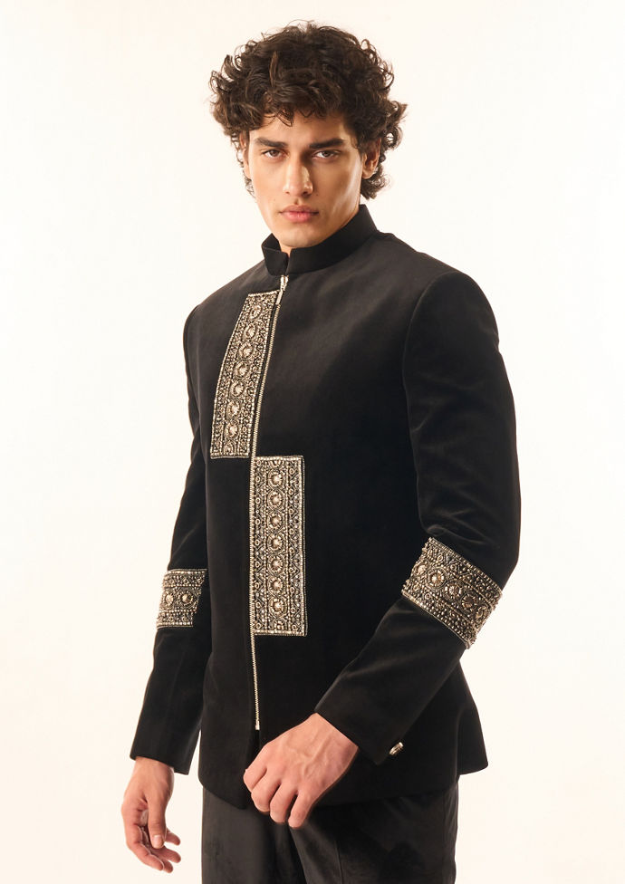 Twamev Men Black Velvet Indo Western Suit with Embellishments