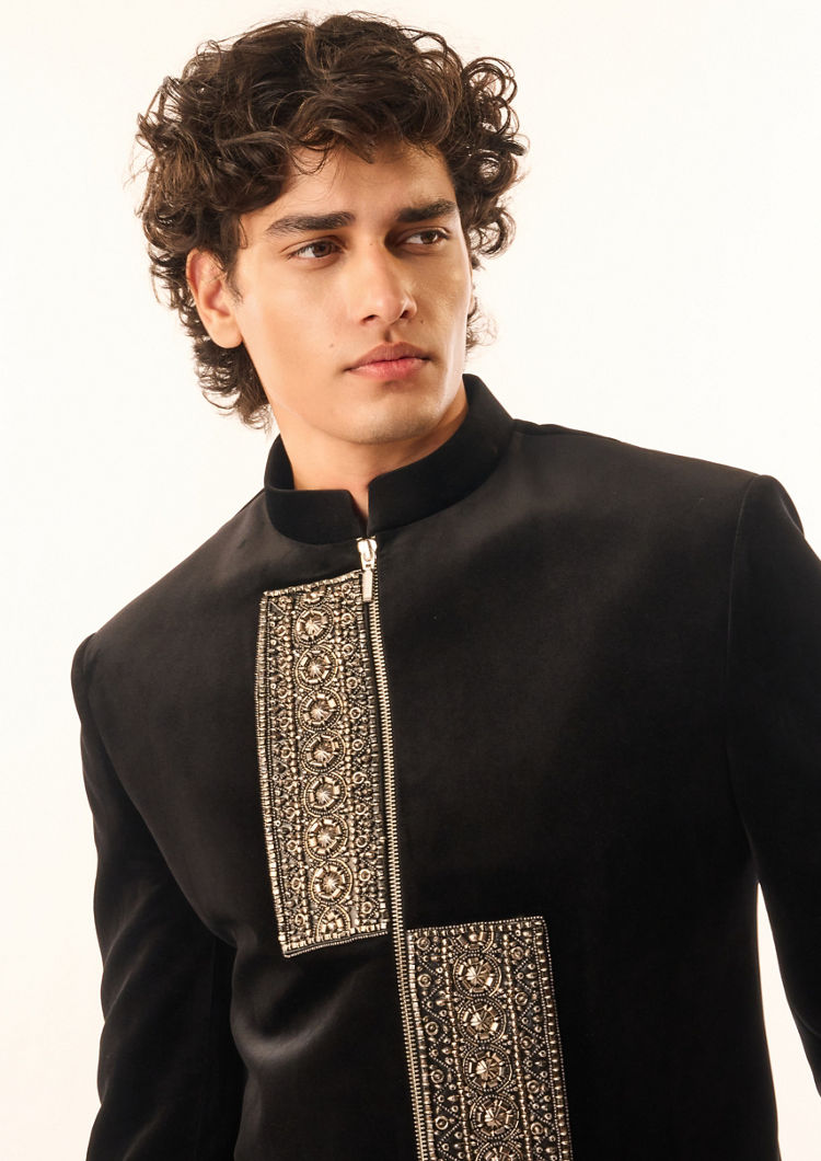 Twamev Men Black Velvet Indo Western Suit with Embellishments