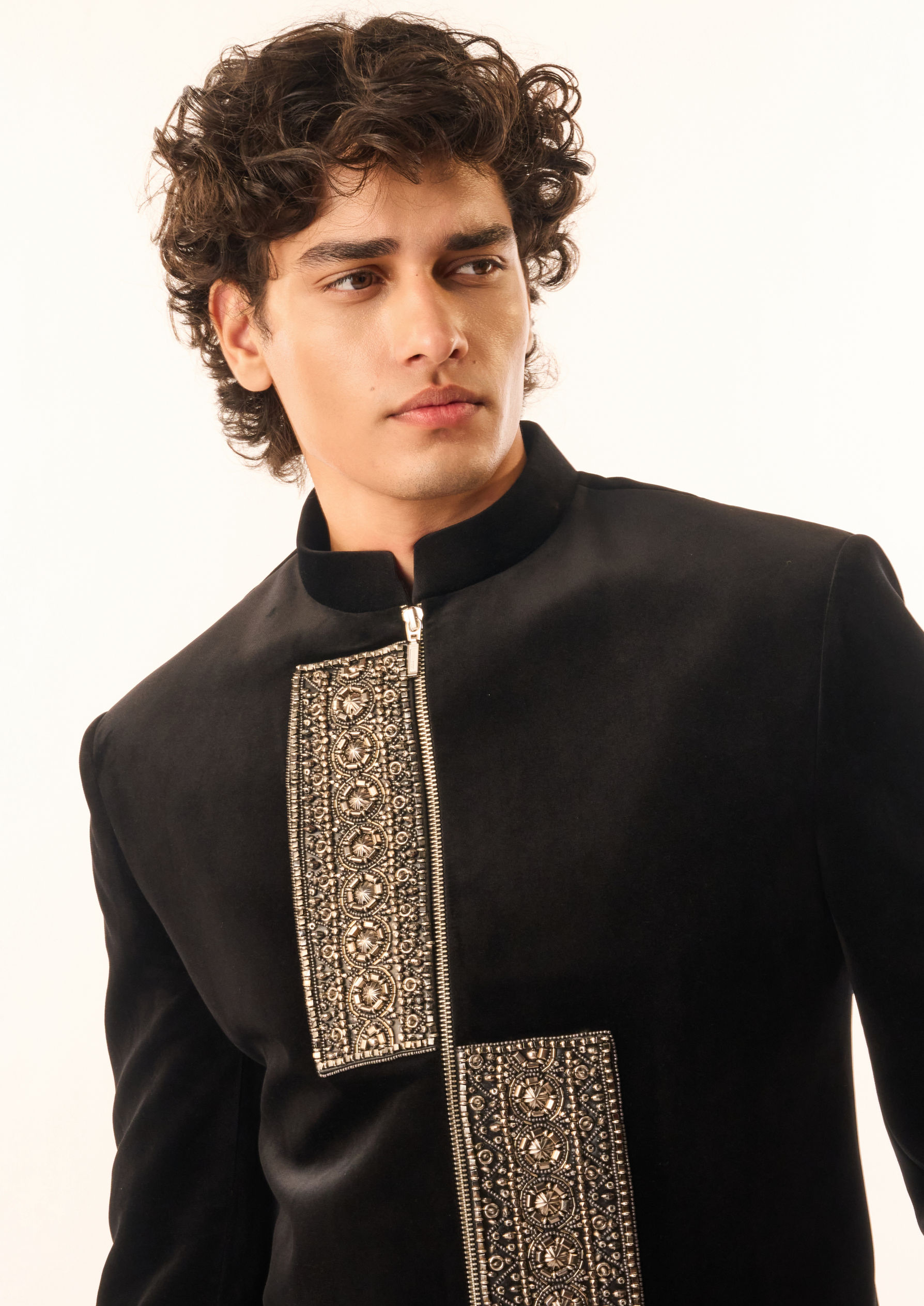 Twamev Men Black Velvet Indo Western Suit with Embellishments