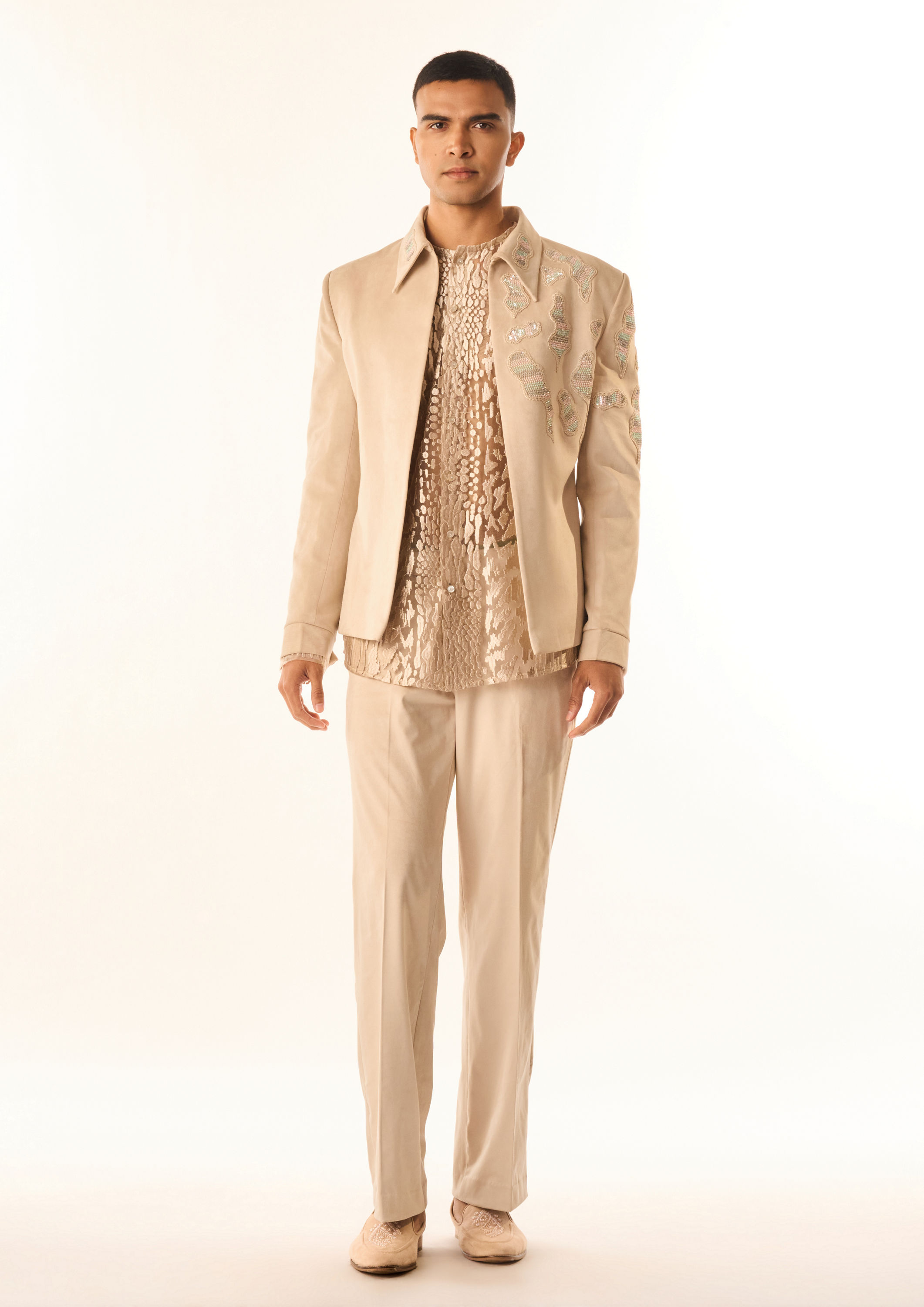 Twamev Men Cream Velvet Indo Western with Embroidery