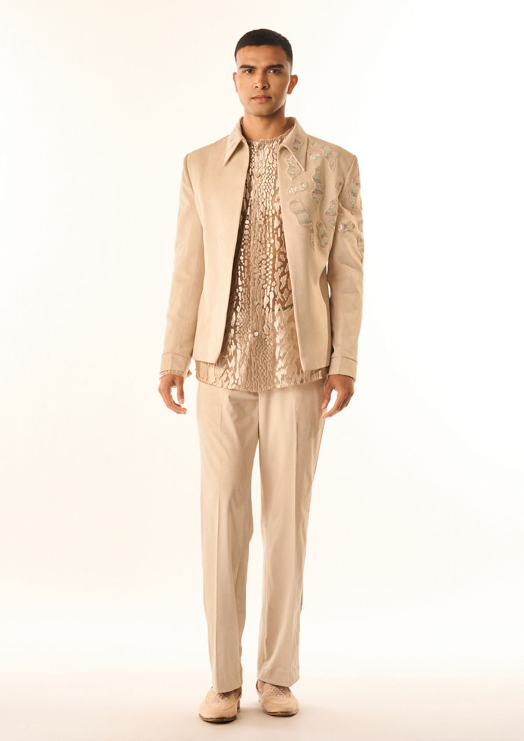 Twamev Men Cream Velvet Indo Western with Embroidery
