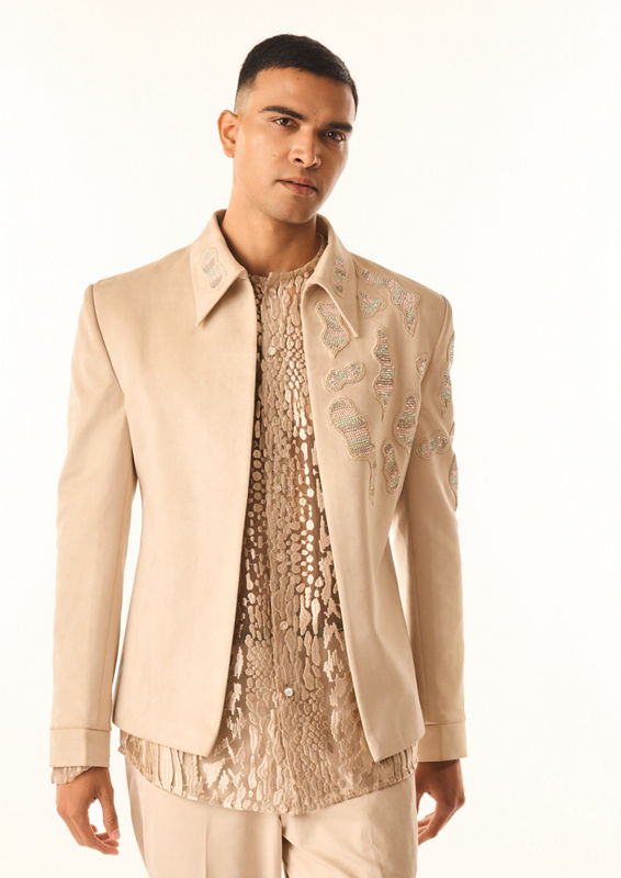 Twamev Men Cream Velvet Indo Western with Embroidery