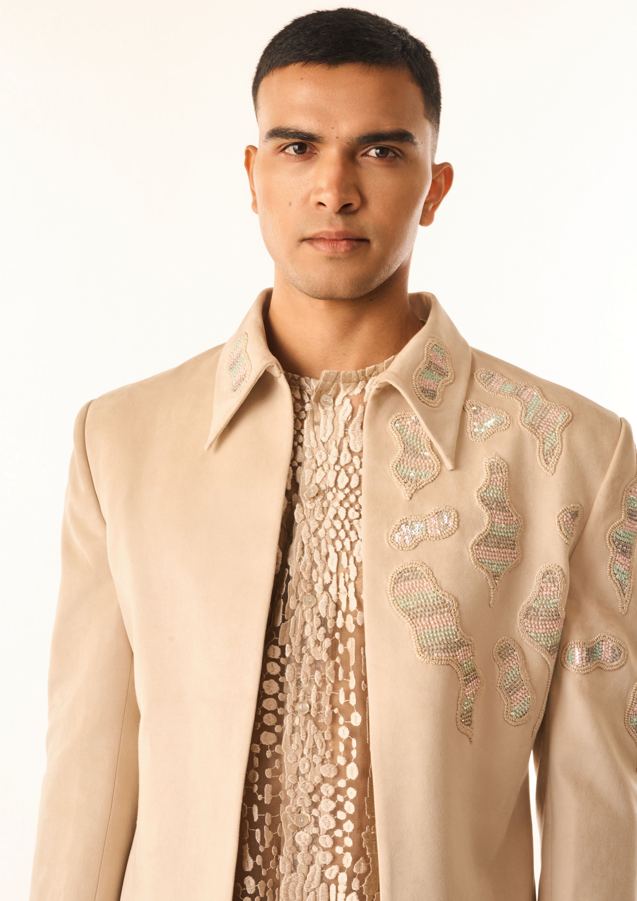 Twamev Men Cream Velvet Indo Western with Embroidery