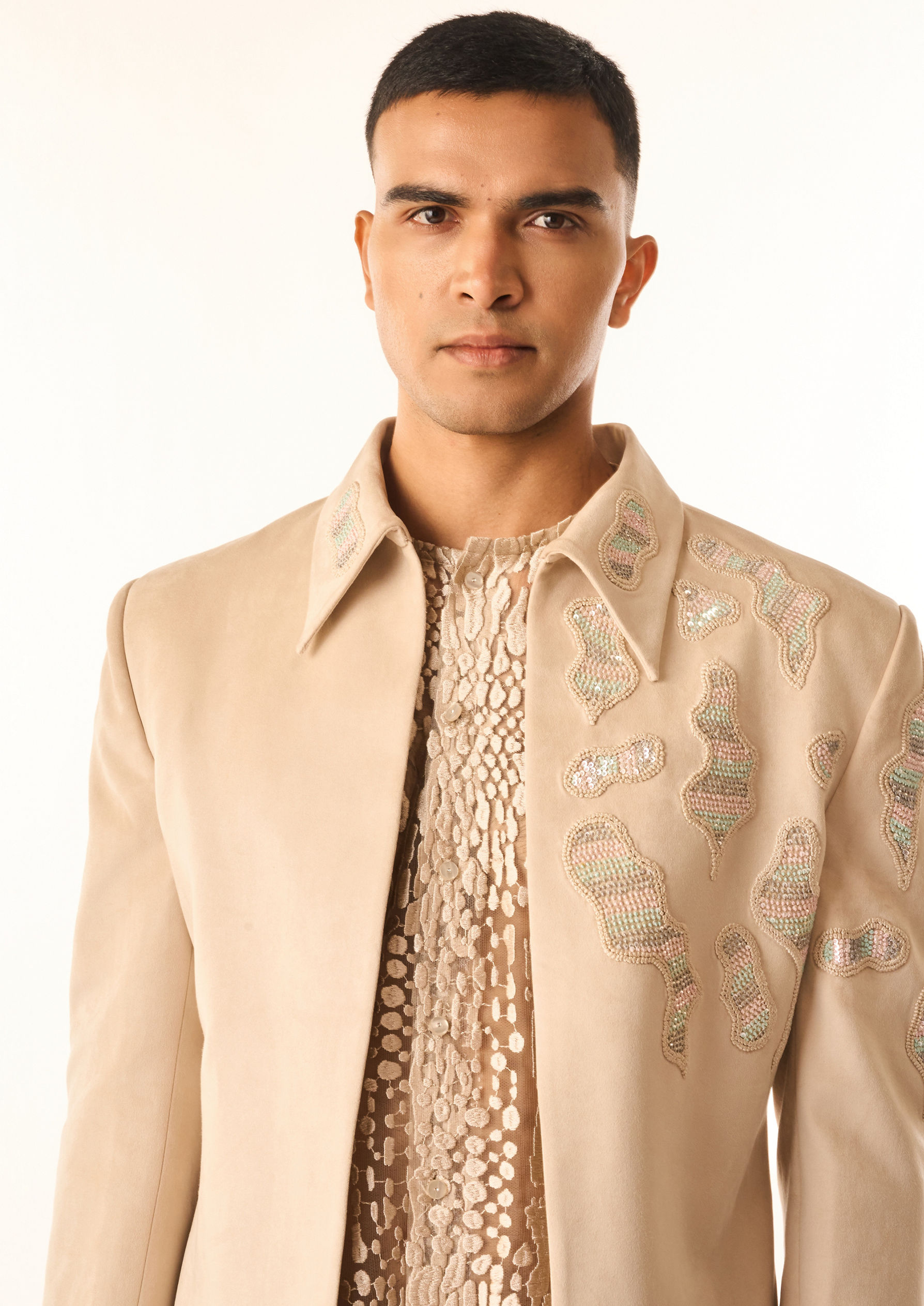 Twamev Men Cream Velvet Indo Western with Embroidery
