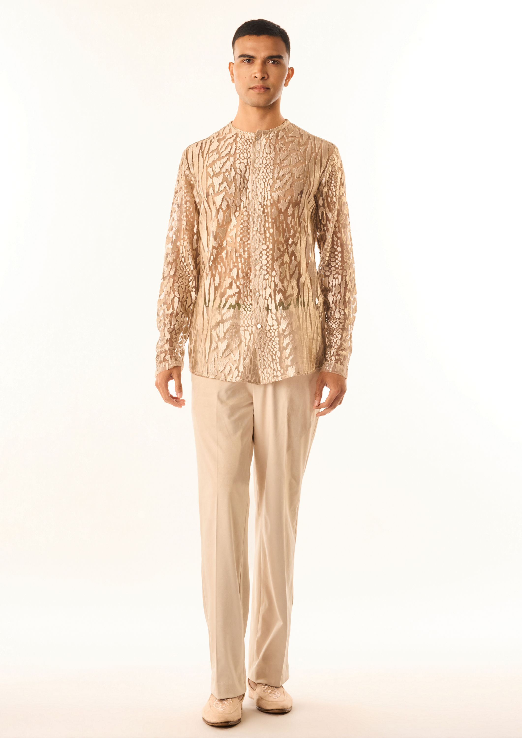 Twamev Men Cream Velvet Indo Western with Embroidery