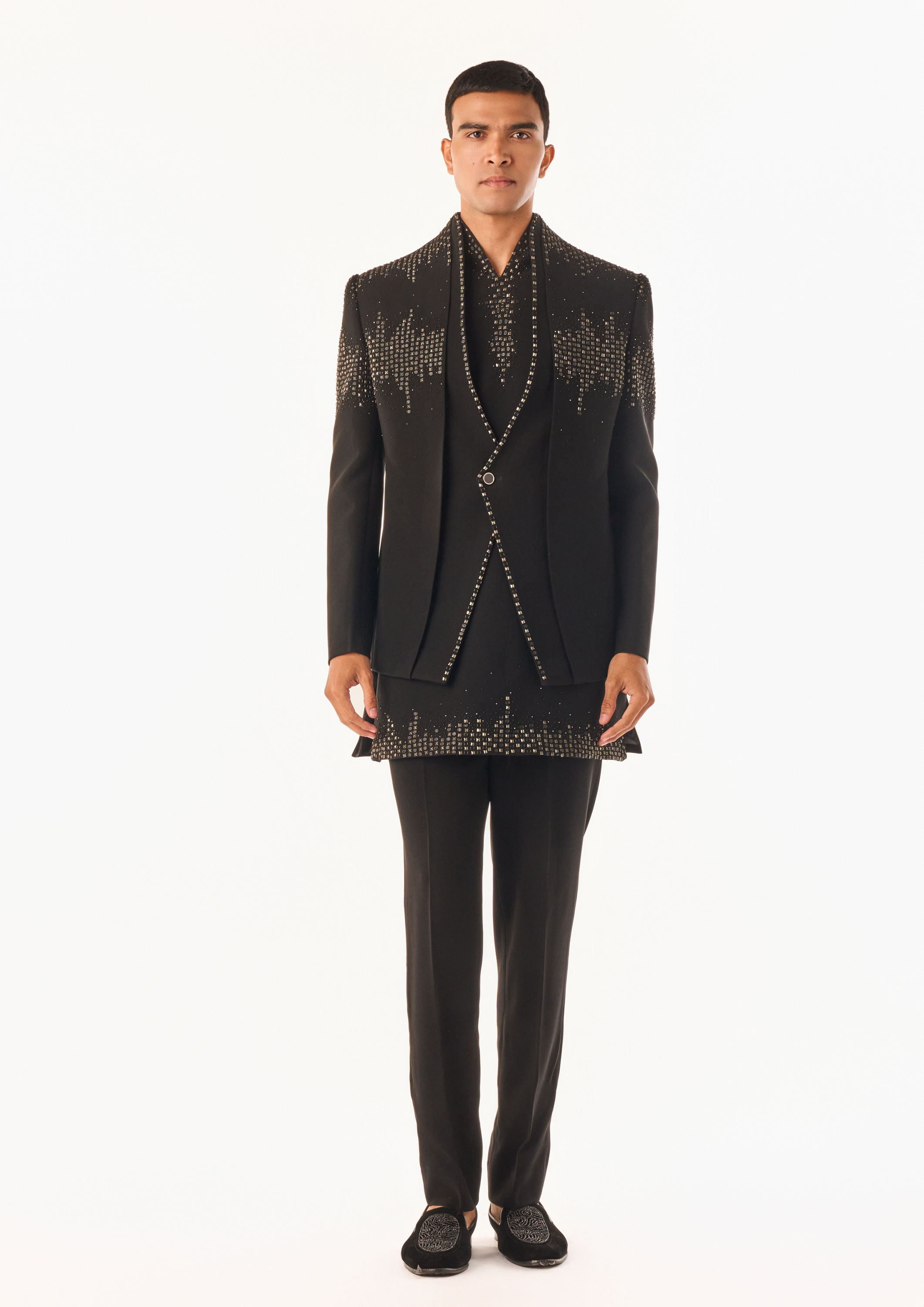 Twamev Men Black Crepe Indo-Western Set